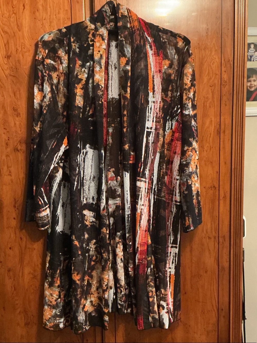 Abstract Print Open-Front Tunic - Black with Orange & White Accents